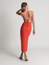 REISS KHALIA Stretch Linen Bodycon Midi Dress Red ~ bright strappy back occasion dresses