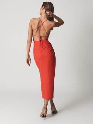 REISS KHALIA Stretch Linen Bodycon Midi Dress Red ~ bright strappy back occasion dresses - flipped