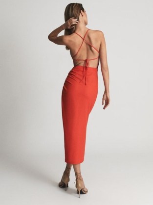 REISS KHALIA Stretch Linen Bodycon Midi Dress Red ~ bright strappy back occasion dresses