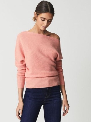 REISS LORNI Drape Neck Knitted Top Pink ~ asymmetric neckline knitted tops ~ women’s luxe cashmere & wool blend jumpers - flipped