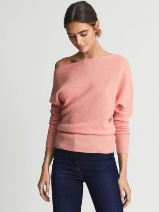 REISS LORNI Drape Neck Knitted Top Pink ~ asymmetric neckline knitted tops ~ women’s luxe cashmere & wool blend jumpers