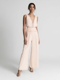 Reiss MAEVE Wide Leg Resort Jumpsuit Blush | pale pink sleeveless plunge front jumpsuits | feminine summer clothing | women’s chic vacation clothes