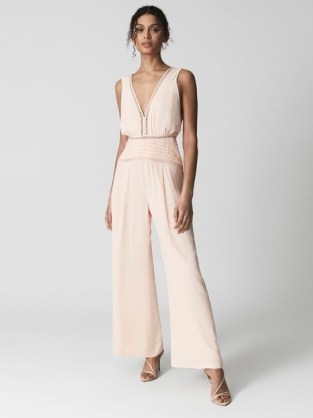 Reiss MAEVE Wide Leg Resort Jumpsuit Blush | pale pink sleeveless plunge front jumpsuits | feminine summer clothing | women’s chic vacation clothes - flipped
