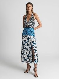 REISS MARA Floral Print Midi Dress ~ plunge front mixed print occasion dresses ~ split hem ~ cut out detail