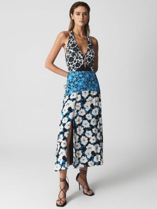 REISS MARA Floral Print Midi Dress ~ plunge front mixed print occasion dresses ~ split hem ~ cut out detail - flipped