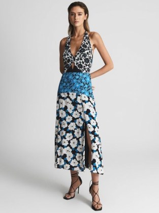REISS MARA Floral Print Midi Dress ~ plunge front mixed print occasion dresses ~ split hem ~ cut out detail