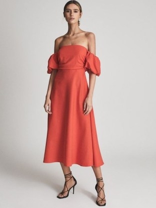 REISS SHONA Puff Sleeve Off Shoulder Midi Dress Red ~ bardot fit and flare occasion dresses ~ women’s summer event clothing - flipped