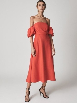 REISS SHONA Puff Sleeve Off Shoulder Midi Dress Red ~ bardot fit and flare occasion dresses ~ women’s summer event clothing