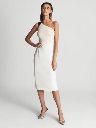 REISS RIANA Colourblock Bodycon Dress White / Nude – one shoulder colour block evening dresses – chic party fashion