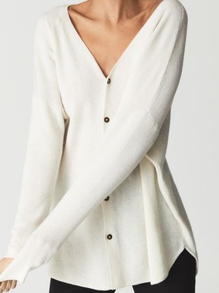 REISS SADIE Wool Blend Longline Cardigan Cream ~ women’s chic drop shoulder cardigans - flipped