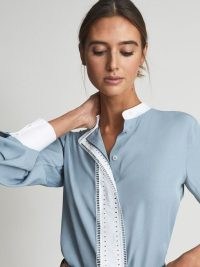 REISS SAMARA Ladder Embroidery Satin Shirt Blue ~ women’s stylish contrast trim shirts ~ grandad collar