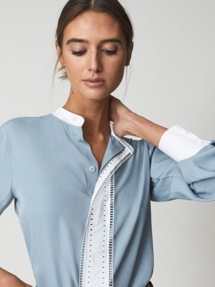 REISS SAMARA Ladder Embroidery Satin Shirt Blue ~ women’s stylish contrast trim shirts ~ grandad collar - flipped