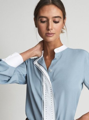 REISS SAMARA Ladder Embroidery Satin Shirt Blue ~ women’s stylish contrast trim shirts ~ grandad collar