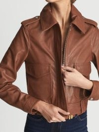 REISS KAJA Leather Trucker Jacket Tan ~ brown pocket detail jackets ~ womens casual outerwear ~ cool weekend look