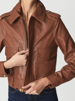 REISS KAJA Leather Trucker Jacket Tan ~ brown pocket detail jackets ~ womens casual outerwear ~ cool weekend look - flipped