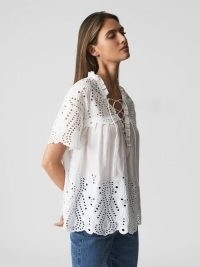 REISS AUBREE Tie Neck Embroidered T-Shirt White ~ romantic ruffled tops ~ feminine summer clothes