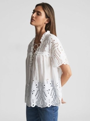 REISS AUBREE Tie Neck Embroidered T-Shirt White ~ romantic ruffled tops ~ feminine summer clothes - flipped