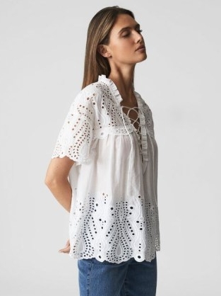 REISS AUBREE Tie Neck Embroidered T-Shirt White ~ romantic ruffled tops ~ feminine summer clothes