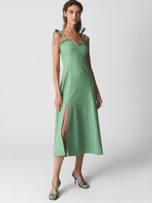 REISS YANNA Strappy Linen Blend Midi Dress Green – shoulder tie 