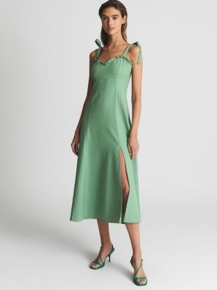 REISS YANNA Strappy Linen Blend Midi Dress Green – shoulder tie strap dresses – ruffle trim neckline – split hem skirt