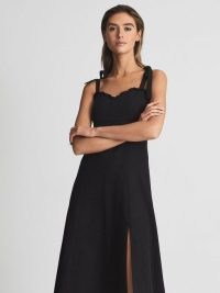 Reiss YANNA Strappy Linen Blend Midi Dress Black | high split hem dresses