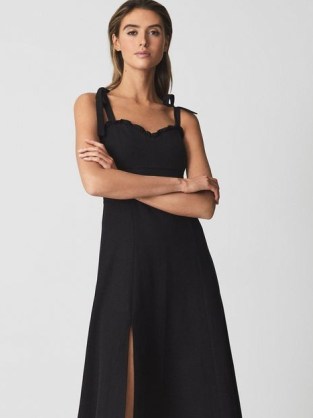 Reiss YANNA Strappy Linen Blend Midi Dress Black | high split hem dresses - flipped