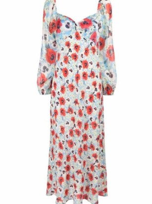 Rixo Gio floral-print mid-length dress / blue and red pansy print silk dresses / women’s floral occasion clothes / sweetheart neckline summer event clothing - flipped