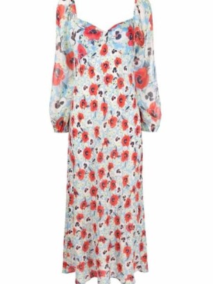 Rixo Gio floral-print mid-length dress / blue and red pansy print silk dresses / women’s floral occasion clothes / sweetheart neckline summer event clothing