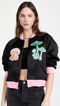 Rodarte Black Satin Bomber Jacket ~ women’s mushroom embroidered front zip up jackets