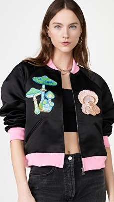 Rodarte Black Satin Bomber Jacket ~ women’s mushroom embroidered front zip up jackets - flipped