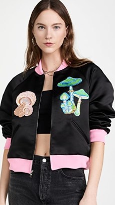 Rodarte Black Satin Bomber Jacket ~ women’s mushroom embroidered front zip up jackets
