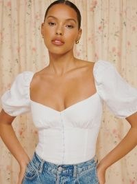 Reformation Rome Linen Top White | puff sleeve sweetheart neckline fitted bodice tops | women’s summer clothes with short puffed sleeves | bustier detail fashion
