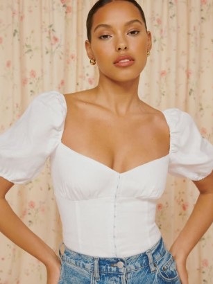 Reformation Rome Linen Top White | puff sleeve sweetheart neckline fitted bodice tops | women’s summer clothes with short puffed sleeves | bustier detail fashion - flipped