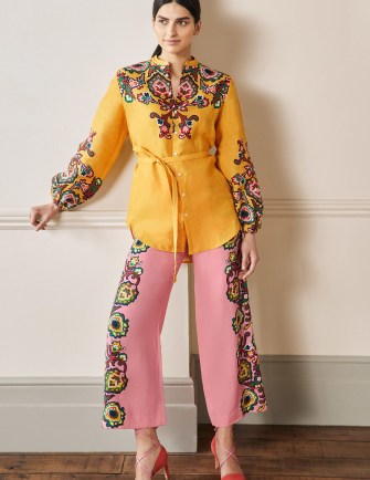 BODEN Rosie Linen Shirt Honeycomb Decorative Blooms / women’s bold print floral shirts - flipped