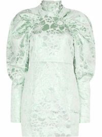 ROTATE Kim jacquard high-neck minidress in frosty spruce green ~ high neck balloon sleeved mini dresses ~ volume sleeve fashion