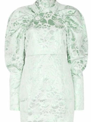 ROTATE Kim jacquard high-neck minidress in frosty spruce green ~ high neck balloon sleeved mini dresses ~ volume sleeve fashion - flipped