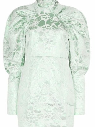 ROTATE Kim jacquard high-neck minidress in frosty spruce green ~ high neck balloon sleeved mini dresses ~ volume sleeve fashion