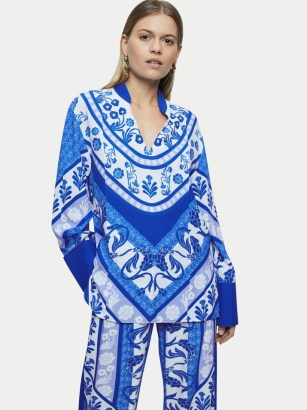 JIGSAW Santorini Long Sleeve Shirt / blue floral print kaftan style tops / women’s printed pullover shirts - flipped