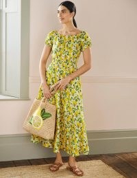 Voden Scoop Neck Maxi Dress Ivory and Yellow Lemon Vine / fruit print fashion / women’s cotton summer dresses
