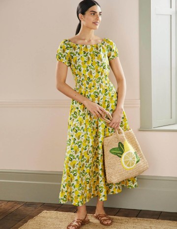 Voden Scoop Neck Maxi Dress Ivory and Yellow Lemon Vine / fruit print fashion / women’s cotton summer dresses - flipped