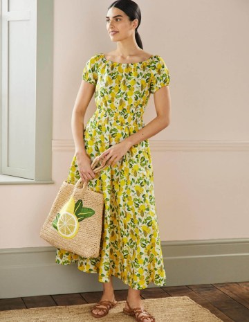 Voden Scoop Neck Maxi Dress Ivory and Yellow Lemon Vine / fruit print fashion / women’s cotton summer dresses