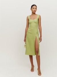 Reformation Cher Denim Two Piece Set in Spearmint | green sleeveless thigh high split hem summer dresses | slit hemline fashion