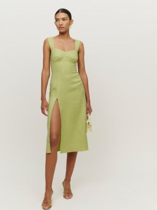 Reformation Cher Denim Two Piece Set in Spearmint | green sleeveless thigh high split hem summer dresses | slit hemline fashion - flipped