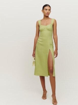 Reformation Cher Denim Two Piece Set in Spearmint | green sleeveless thigh high split hem summer dresses | slit hemline fashion