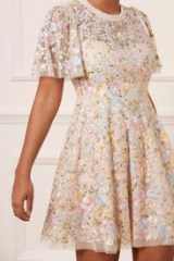 needle & thread SECRET GARDEN SHORT SLEEVE MICRO MINI DRESS / floral angel sleeve fit and flare / romantic style sheer overlay occasion dresses - flipped