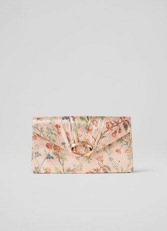 L.K. BENNETT Serena floral Silk Clutch Apple Blossom Pink ~ metallic occasion bags - flipped
