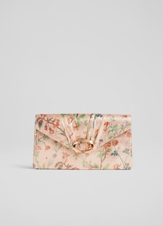 L.K. BENNETT Serena floral Silk Clutch Apple Blossom Pink ~ metallic occasion bags