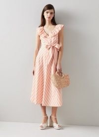 L.K. BENNETT SHENYU PINK AND WHITE COTTON CANDY STRIPE DRESS ~ sleeveless ruffle V-neck occasion dresses ~ women’s candy stripe summer event fashion