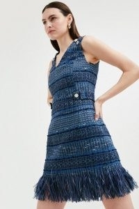 KAREN MILLEN Signature Italian Fringed Tweed V Neck Dress ~ blue sleeveless fringe hem textured dresses
