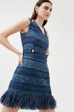 KAREN MILLEN Signature Italian Fringed Tweed V Neck Dress ~ blue sleeveless fringe hem textured dresses - flipped